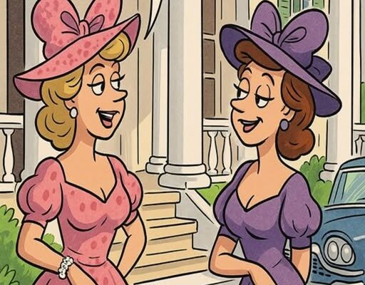 Two Southern Belles were chatting on the porch of a grand white-pillared mansion