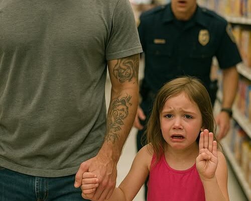 The Little Girl Lifted Her Hand With All Five Fingers Spread — But It Wasn’t a Simple Greeting. It Was a Quiet Plea for Help, a Hidden Signal Only a Trained Eye Could Recognize. The Officer’s Expression Changed Instantly — And What Happened Next Was Something No One in the Supermarket Saw Coming